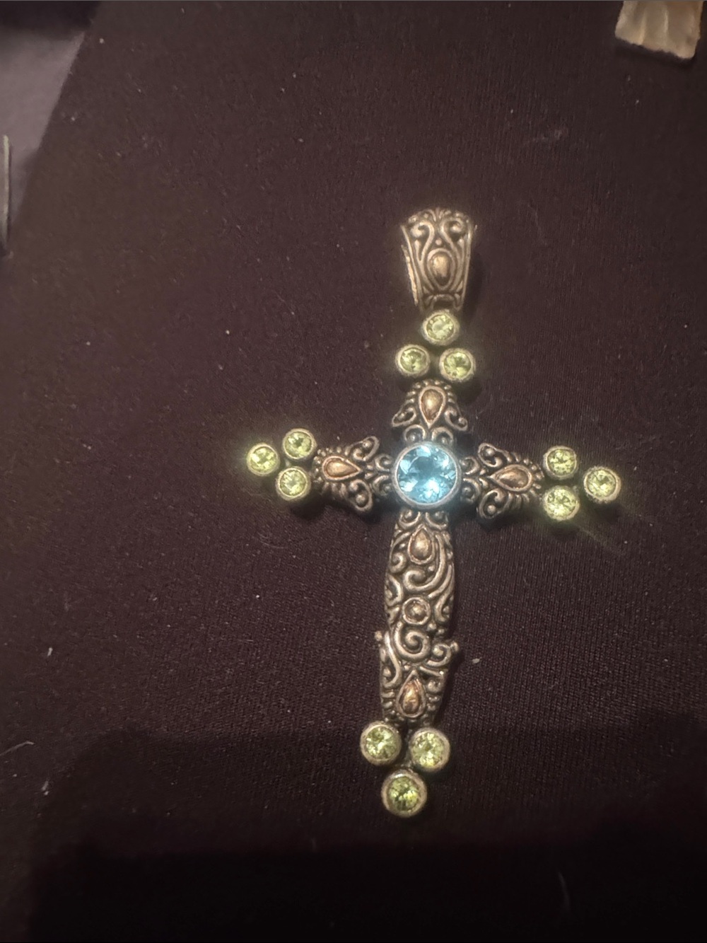 Vintage-Inspired Cross Pendant Necklace with Blue and Lime Stones